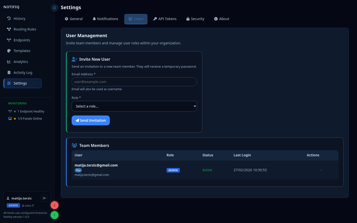 Settings — Users