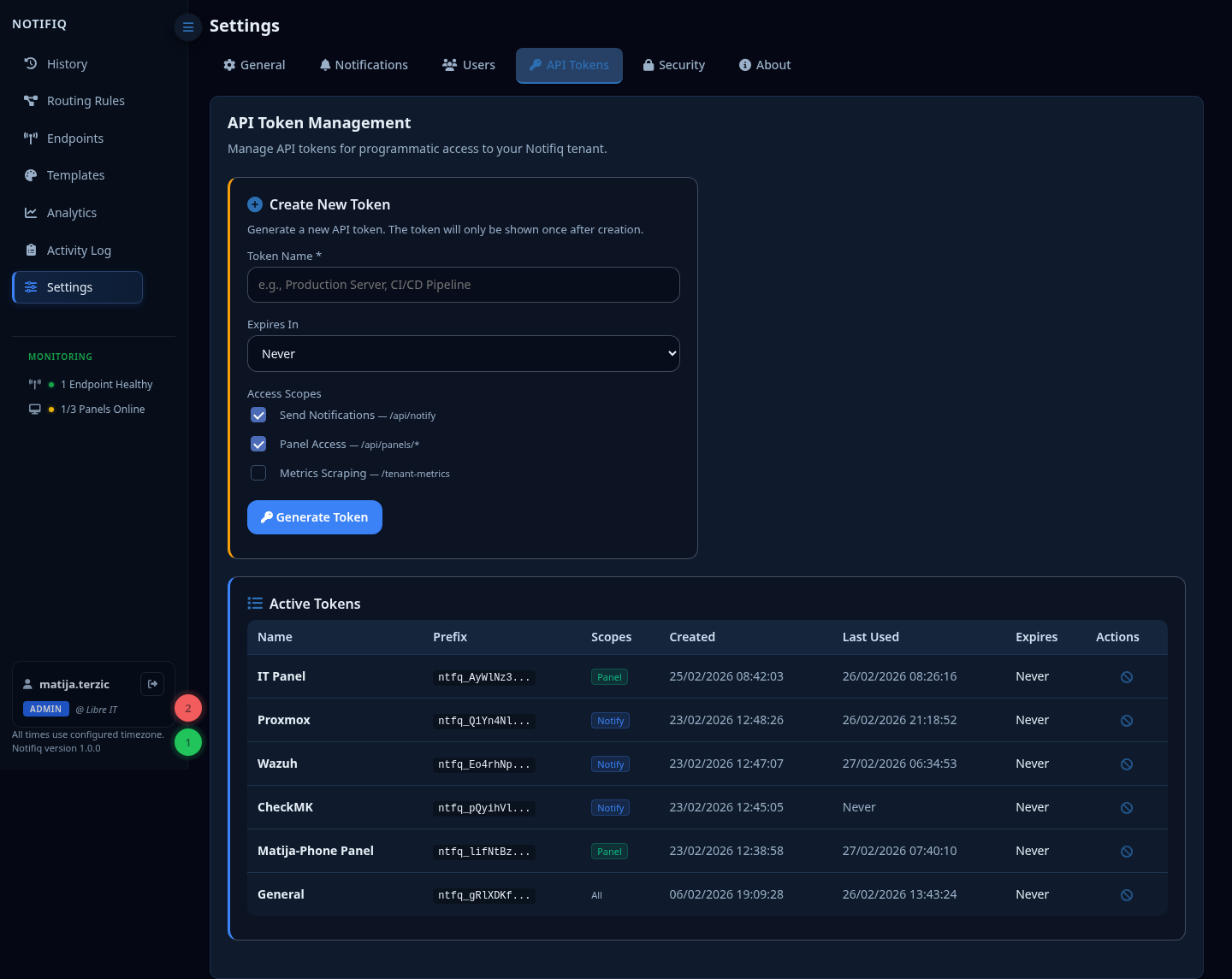 Settings — API Tokens